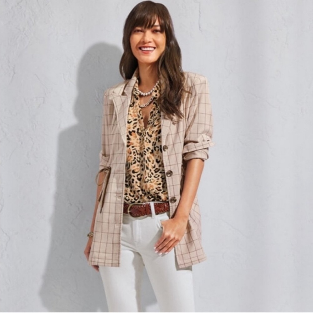 Cabi Windowpane Jacket Style‎ # 6026Taupe Cinched Waist Small